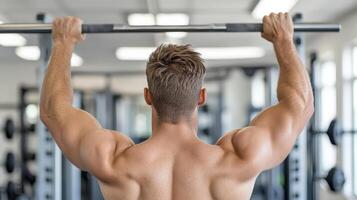 A man is doing pull ups in a gym photo
