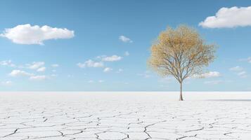 A lone tree stands in a barren field with a blue sky photo