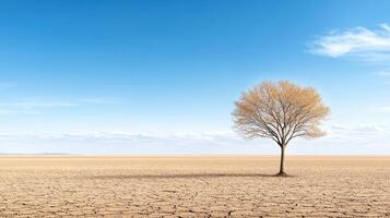 A lone tree stands in the middle of a dry field photo