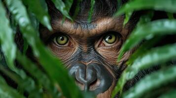 A chimpanzee is peeking out from the leaves photo