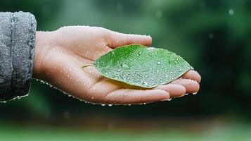 A person holding a green leaf in the rain photo