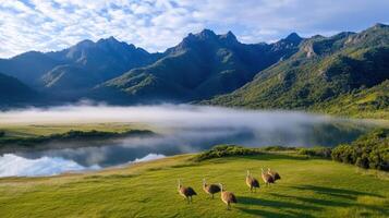 Three llamas walk across a grassy field with mountains in the background photo