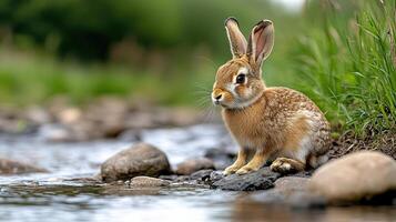 A rabbit sitting on the edge of a stream photo