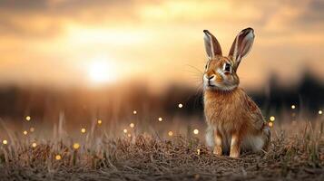 A rabbit is sitting in the grass at sunset photo