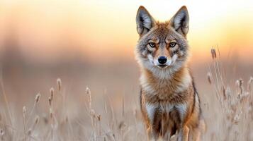 A coyote is standing in a field at sunset photo