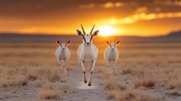 Three gazelles running in the desert at sunset photo