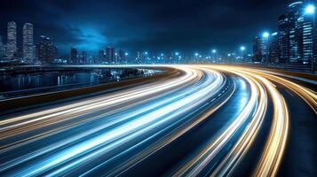 A long exposure photo of a highway at night
