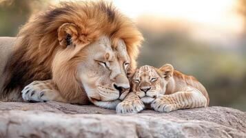 A lion and his cub laying on a rock photo