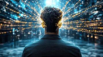 A man with glowing wires coming out of his head photo
