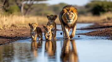 A lion and his cubs walking through a stream photo