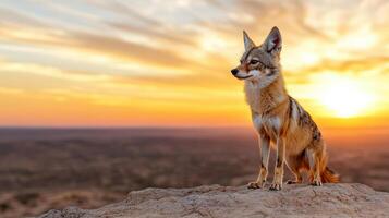 A fox is sitting on a rock at sunset photo