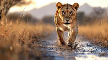 Lioness walking on a muddy path in the wild photo