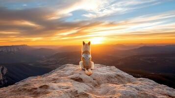 A dog sitting on top of a mountain at sunset photo