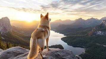 A dog standing on a rock overlooking a lake and mountains photo