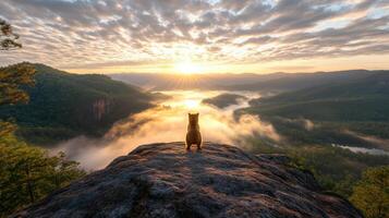 A dog standing on top of a mountain at sunrise photo