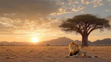 A lion is sitting in the middle of a field at sunset photo