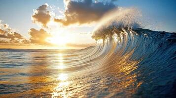 A large wave breaking on the ocean at sunset photo