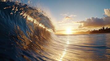 A wave breaking on the ocean at sunset photo