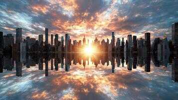 The sun rising over a city skyline with clouds and water photo