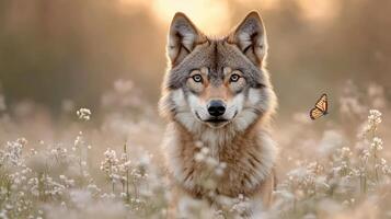 A wolf is standing in a field with butterflies photo