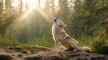 A wolf howling in the forest at sunrise photo