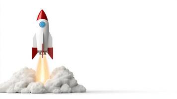 A red and white rocket is flying into the air photo