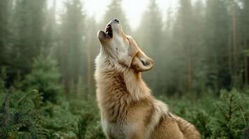 A wolf howling in the forest photo