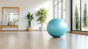 A blue exercise ball sits on the floor in a room photo