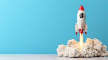 A rocket is taking off from the ground photo