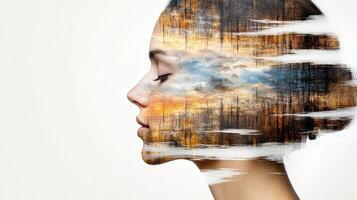 A woman's face is covered with a forest and sky photo