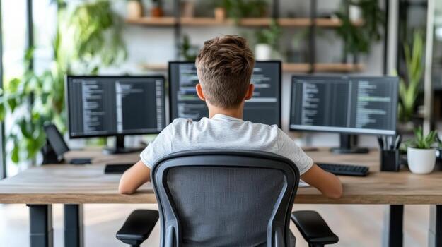A man sitting at a desk with three computer screens photo