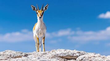 A gazelle stands on top of a rock photo