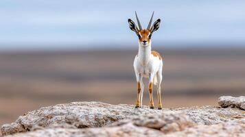 A small antelope standing on a rocky hill photo
