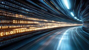 A tunnel with a light trail of data photo