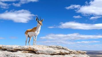 A gazelle standing on a rock in the middle of a field photo