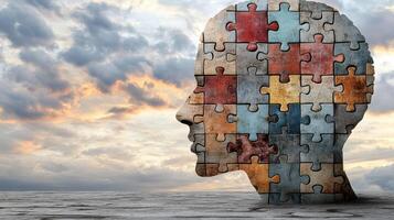 A person's head is made of puzzle pieces photo