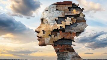 A woman's head is made of puzzle pieces photo
