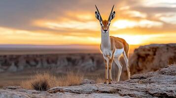 A gazelle stands on a rocky hill at sunset photo