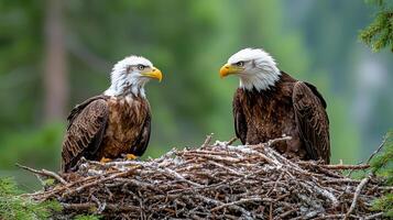Two bald eagles sitting on top of a nest photo