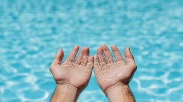 Hands in the water with sand on them photo