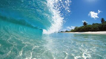 A wave breaking on the beach with a blue sky photo