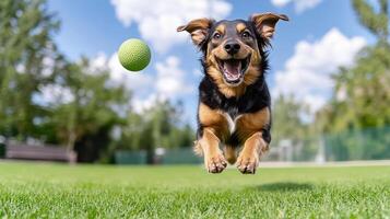 A dog jumping in the air with a ball in his mouth photo
