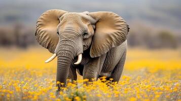 An elephant is walking through a field of yellow flowers photo