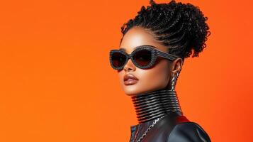 A woman with a black leather jacket and sunglasses photo
