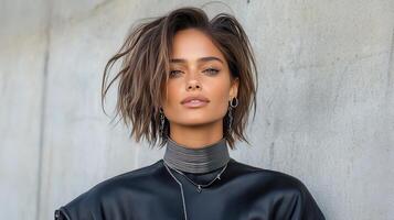 A woman with short hair and a black leather top photo