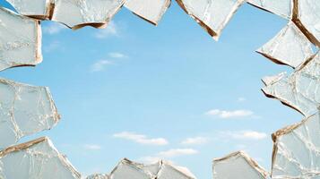 Broken glass with blue sky background photo