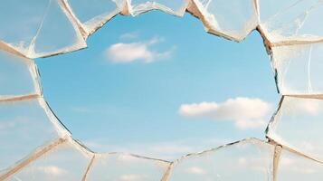 Broken glass with sky background photo