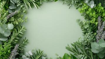 Green herbs and leaves frame on a white background photo