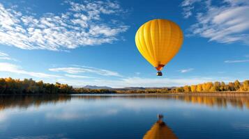 Yellow hot air balloon flying over lake with autumn trees photo