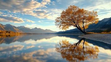 A lone tree stands in the middle of a lake photo